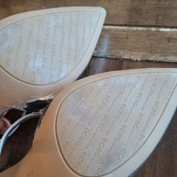 BCBGeneration Bardia Metallic Silver Rhineshone Bows Dress Mules size 9.5 - Picture 3 of 7